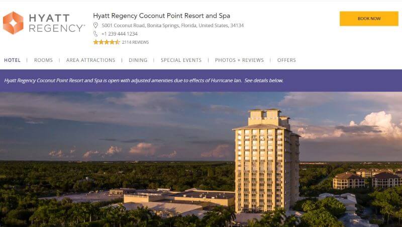 Homepage of Hyatt Regency
Link: https://www.hyatt.com/en-US/hotel/florida/hyatt-regency-coconut-point-resort-and-spa/naprn