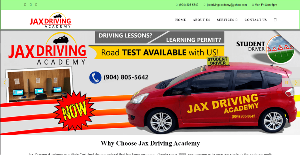 Homepage of jax driving academy / https://jaxdrivingacademy.com/#!contact-us/c15l1
