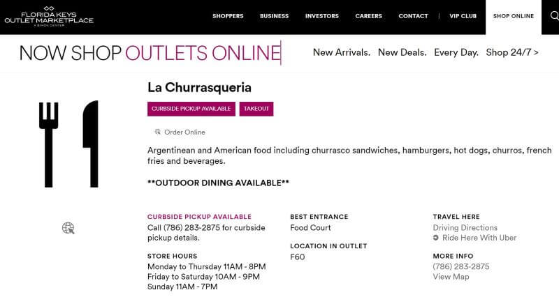 Homepage of La Churrasqueria
Link: https://www.premiumoutlets.com/outlet/florida-keys-outlet-marketplace/stores/la-churrasqueria