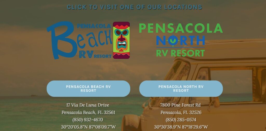 Homepage of Pensacola Beach RV Resort
Link: https://pensacolarvresorts.com/