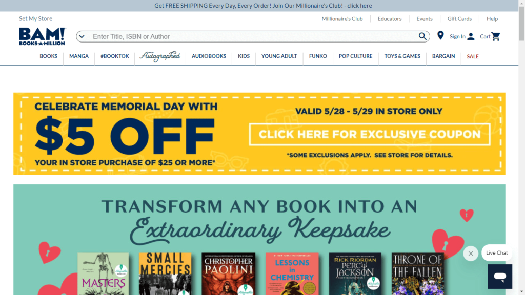 Homepage of Books A Million's Website / booksamillion.com