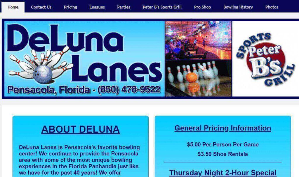 Homepage of DeLuna Lanes Bowling Center / delunalanes.com
Link:
http://delunalanes.com/