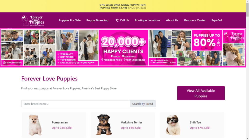 Homepage of Forever Love Puppies' Website / 954puppies.com