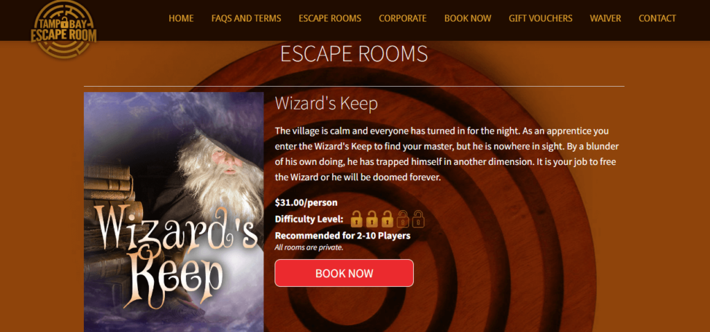 Homepage of Tampa Bay Escape Room website / tampabayescaperoom.com