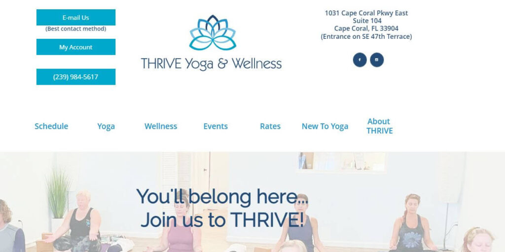 Homepage of thrive yoga and wellness 
URL: https://www.thriveyogawellness.com/