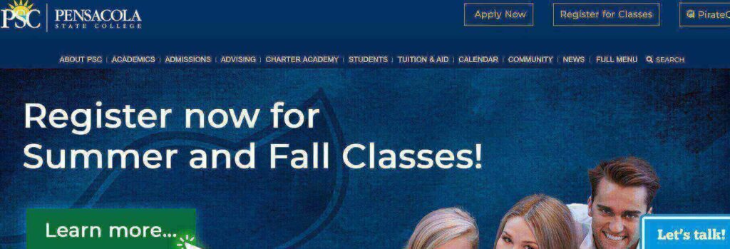 Homepage of Pensacola State College / pensacolastate.edu
Link:
https://www.pensacolastate.edu/