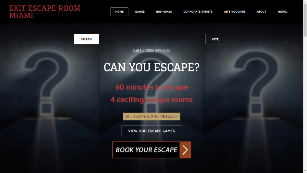 Homepage of Exist Escape Room's Website / exitescaperoommiami.com