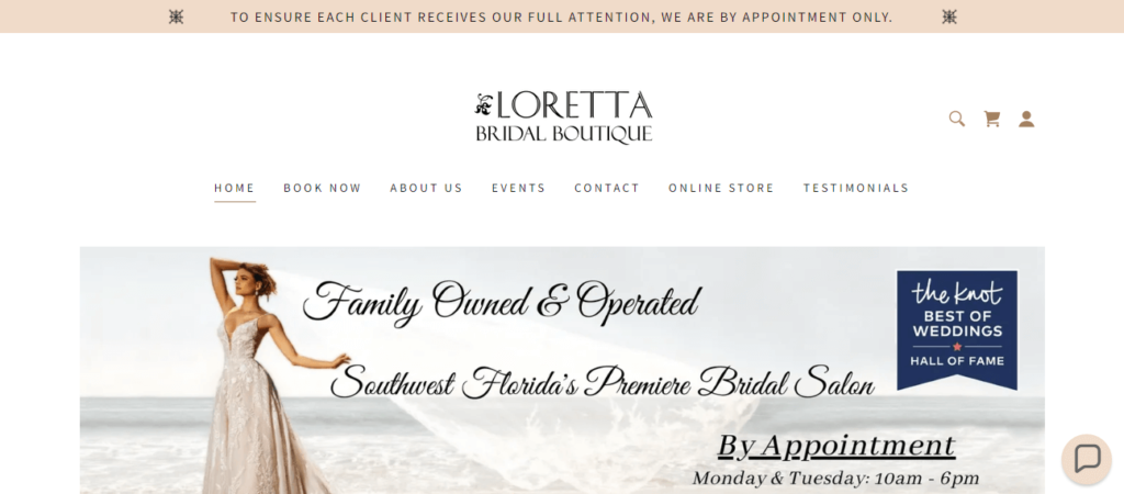 Homepage of Loretta Bridal Boutique / lorettabridal.com