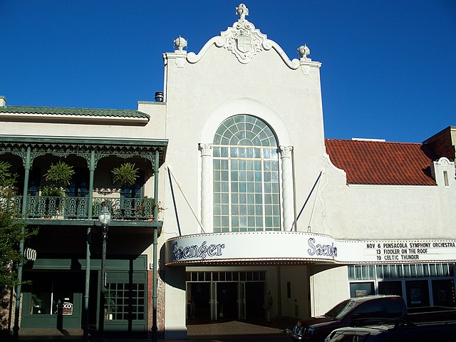 Exterior view of Saenger Theatre Pensacola / Wikipedia / Ebyabe 
Link: https://en.wikipedia.org/wiki/Saenger_Theatre_(Pensacola,_Florida)#/media/File:Pensacola_Saenger_Thtr01.jpg 

