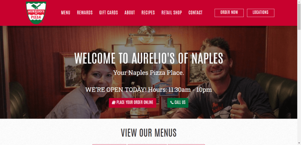 Homepage of Aurelio's Pizza of Naples website / aureliospizza.com