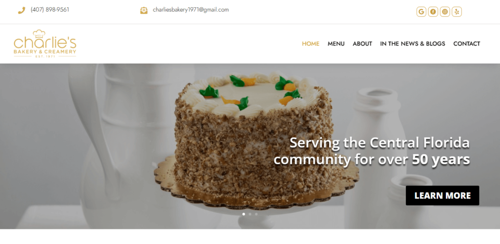 Homepage of Charlie’s Bakery & Creamery website / charliesbakery.com 