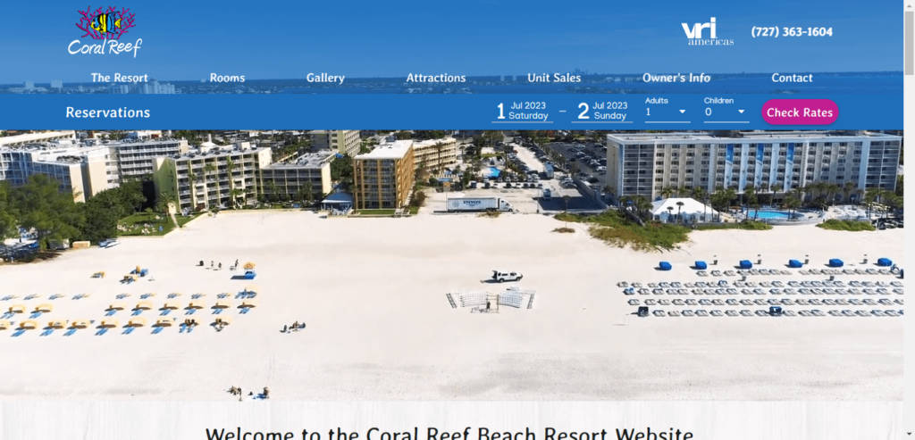 Homepage of Coral Reef Beach Resort website / coralreefresort.net 