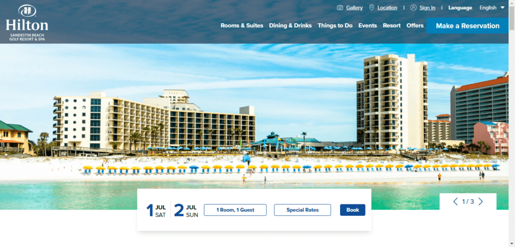 Homepage of Hilton Sandestin Beach Golf Resort & Spa website / hilton.com 
