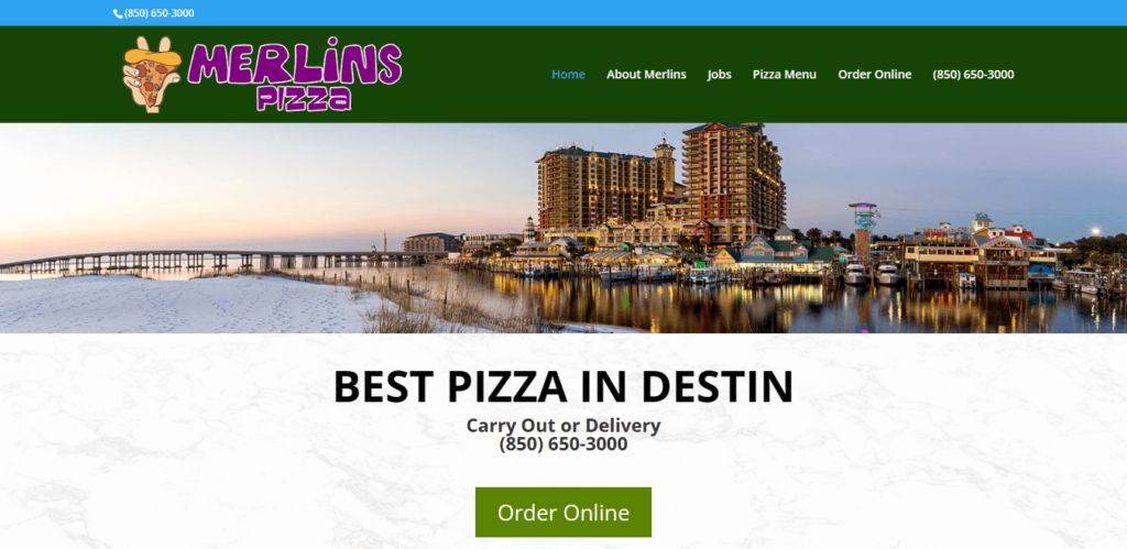 Homepage of Merlins Pizza website / merlinspizza.com 