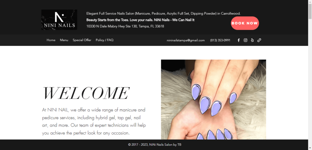 Homepage of NiNi Nails Salon & Spa website / nininails.com 