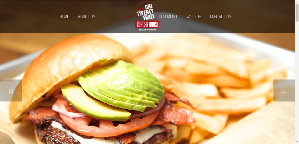 Homepage of One Twenty Three Burger House website / onetwentythreeburgerhouse.com 