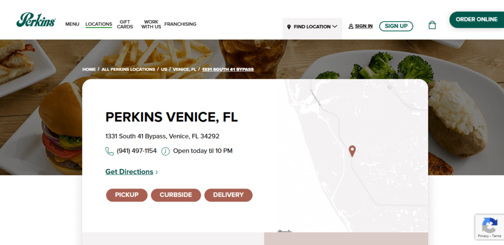 Homepage of Perkins Restaurant & Bakery website / perkinsrestaurants.com  