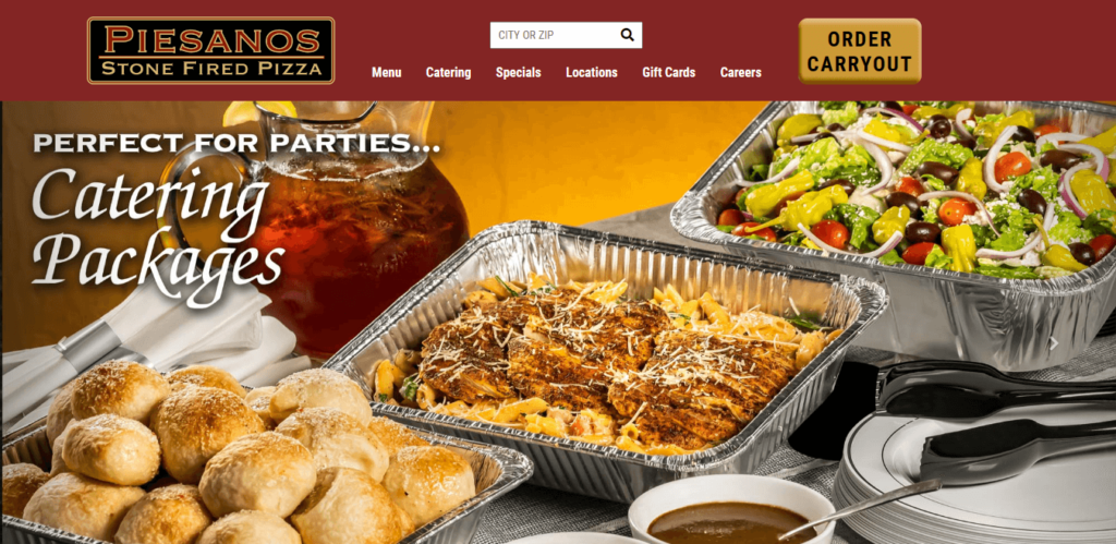 Homepage of Piesanos Stone Fired Pizza website / piesanostogo.com 