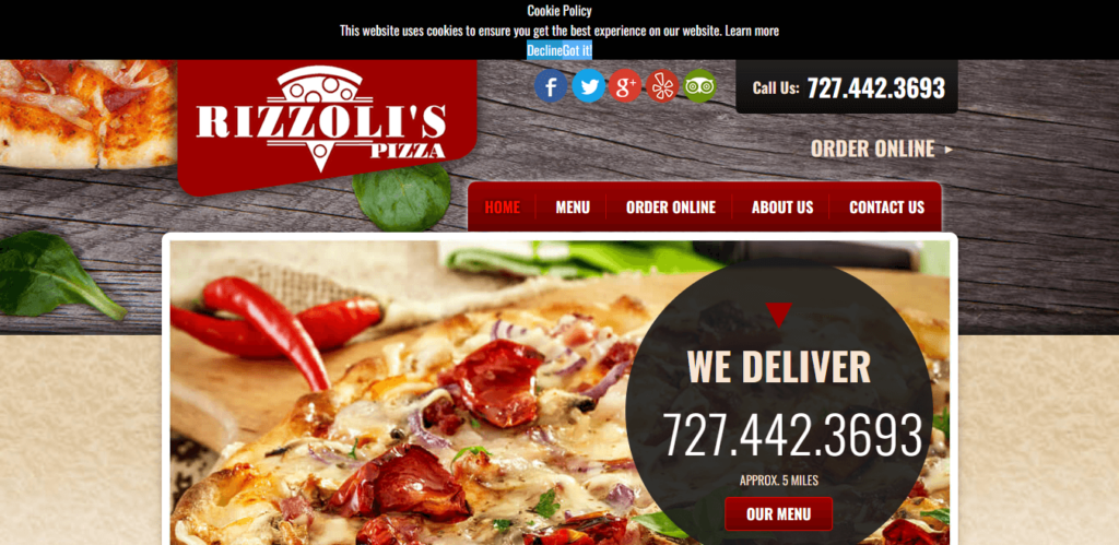 Homepage of Rizzoli's Pizza website / rizzolispizzashop.com 