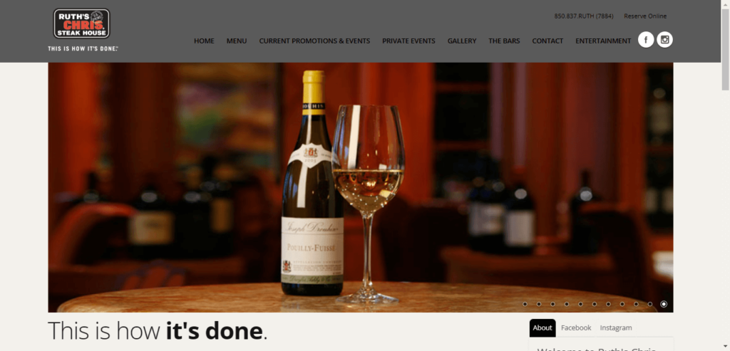 Homepage of Ruth’s Chris Steak House website / ruthsdestin.com 