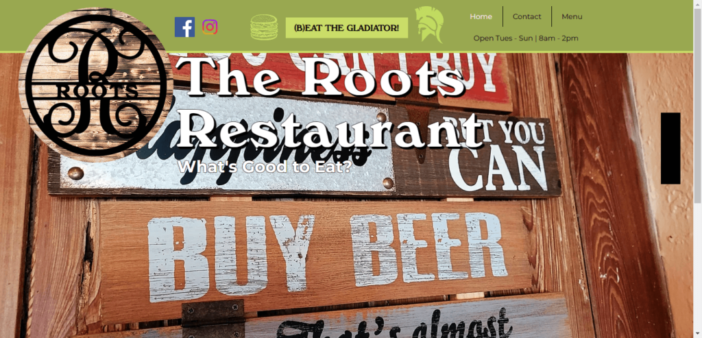 Homepage of The Roots Restaurant Tavern website / therootsrestaurant.company  