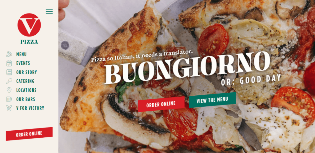 Homepage of V Pizza & SideCar Gainsville website / vpizza.com 