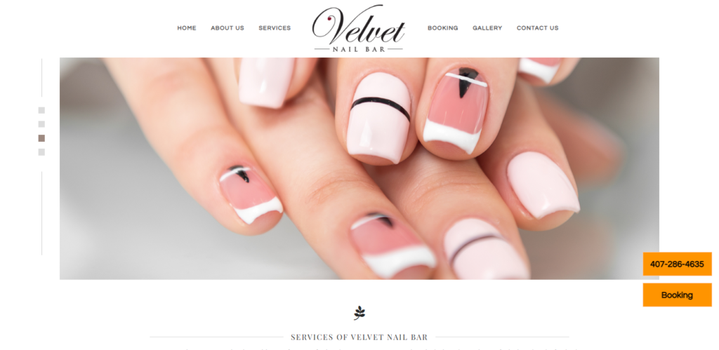 Homepage of Velvet Nail Bar Downtown Orlando website / velvetnailbarorlando.com 