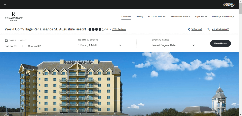Homepage of World Gulf Village Renaissance St Augustine Resort website / marriott.com
