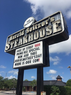 Signpost at Harold Seltzer's Steakhouse / Flickr / Mark Evans 
Link: https://flic.kr/p/2fJPNcZ 
